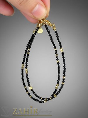 2 броя нежни гривни за ръка или глезен от естествен черен турмалин 2 мм мънисто фасета и ,стоманени елементи и накрайници - GA3182